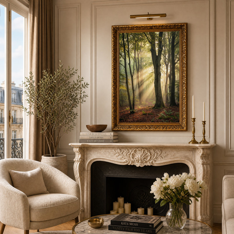 Toile dorée à travers de grands arbres forestiers, art mural, H 24 po x l 16 po