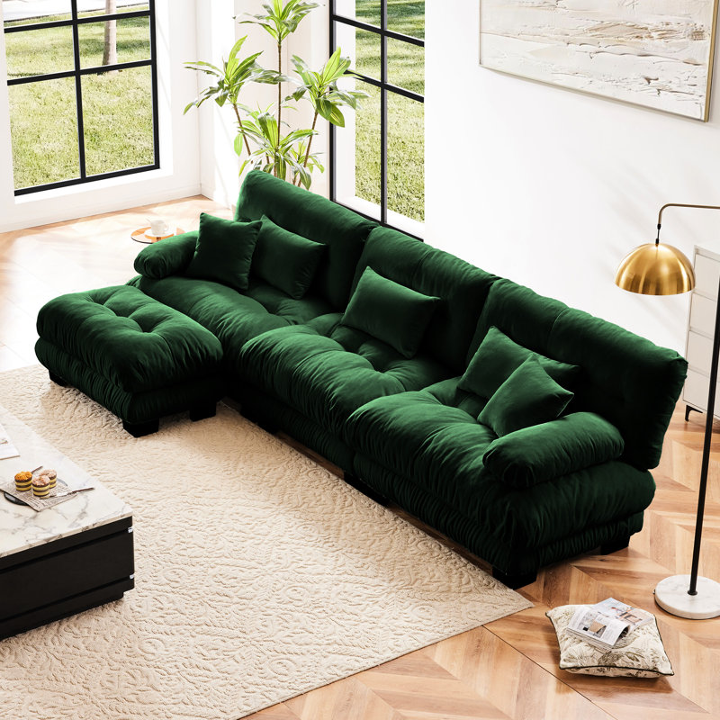 Canapé modulaire en L de luxe à 3 places en chenille avec traversin rond et coussins décoratifs Cloud
