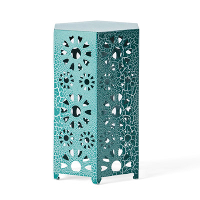 14" Side Table In Teal Iron - Stylish Cut Out For Patio, Beverage And Snack Design With Space Beverages Snacks