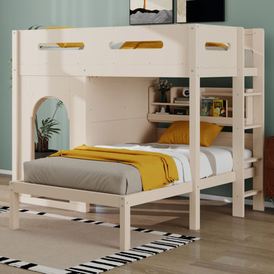 Lit superposé avec tablettes de rangement, lit superposé en bois avec décoration d'arche et garde-corps, lit superposé peu encombrant pour les garçons et les filles