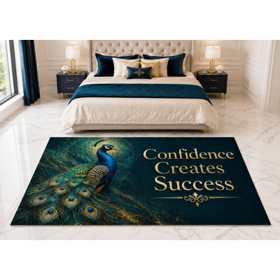 Tapis « Ultra Fin » 152 x 213 cm « Paon Confiance Crée le Succès » pour chambre d'enfant, chambre à coucher, salon et bureau à domicile, moquette douce à poils courts avec envers antidérapant en silicone