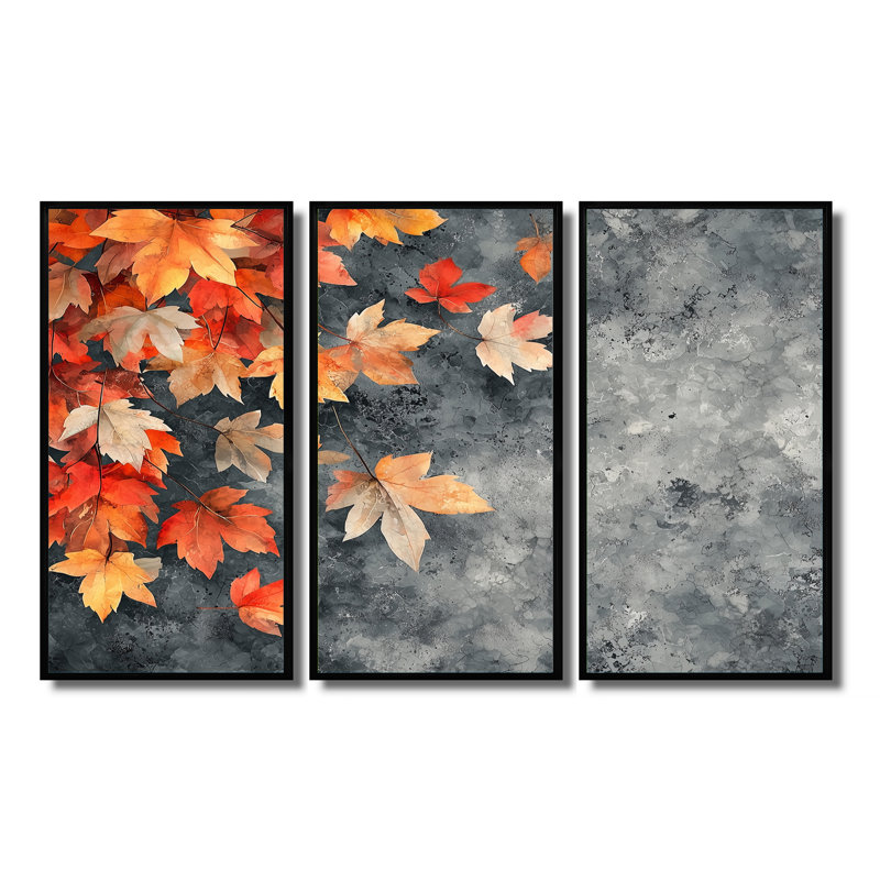 Feuilles d'automne orange V - feuilles, décoration murale - 3 pièces, H 28 po x l 36 po, Noir