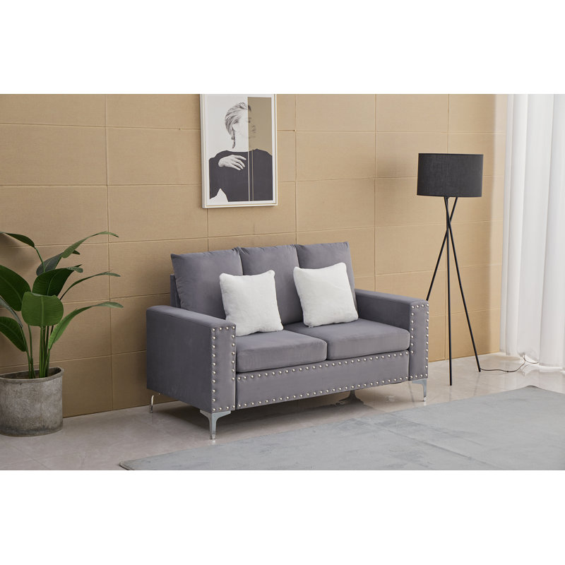 Causeuse à accoudoirs carrés en velours 64 po, Velours gris