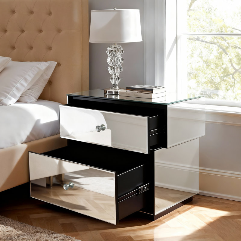 Table de chevet asymétrique Yolanta avec miroir, entièrement assemblée, 2 tiroirs, style glamour contemporain moderne