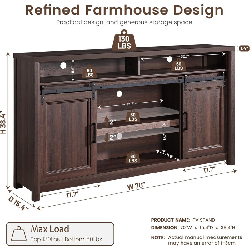 38" Tall Farmhouse Walnut TV Stand for 80 Inch TV,  Media Cabinet with Storage Doors, Entertainment Center for Living Room