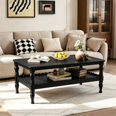 Farmhouse 43.3" Rectangle Coffee Table with Storage Shelf and Solid Wood Legs, Classical Sofa Table for Living Room
