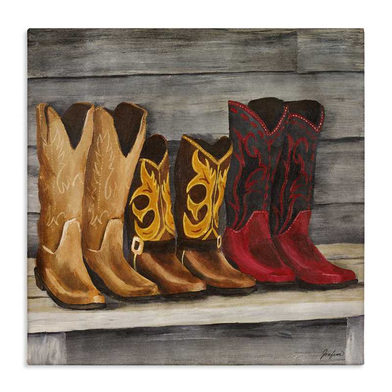 "Lined Up Cowboy bottes", art mural par Josefina, H 30 po x l 30 po