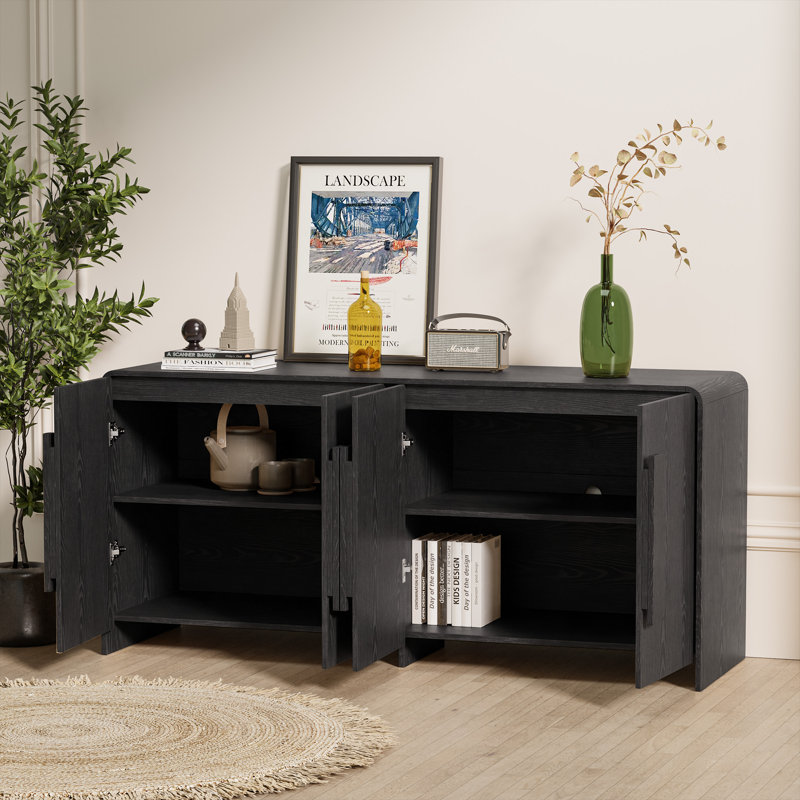 64'' Modern Design Sideboard Buffet Cabinet with 4 Doors, Large Wooden Handles and Adjustable Shelves, TV Curved Storage Cabinet Sideboard for Home, Kitchen, Dining Room, Living Room
