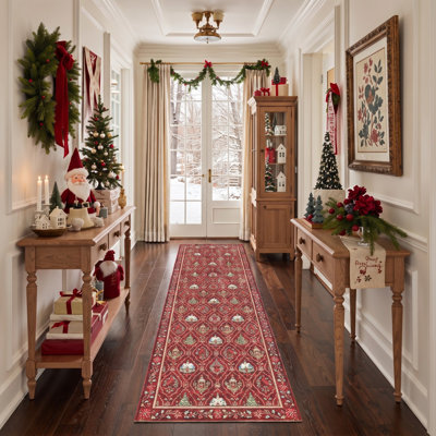 Winter Cottages & Birds Christmas Animal Print Red / Green Low-Pile Washable Area Rug for Bedroom
