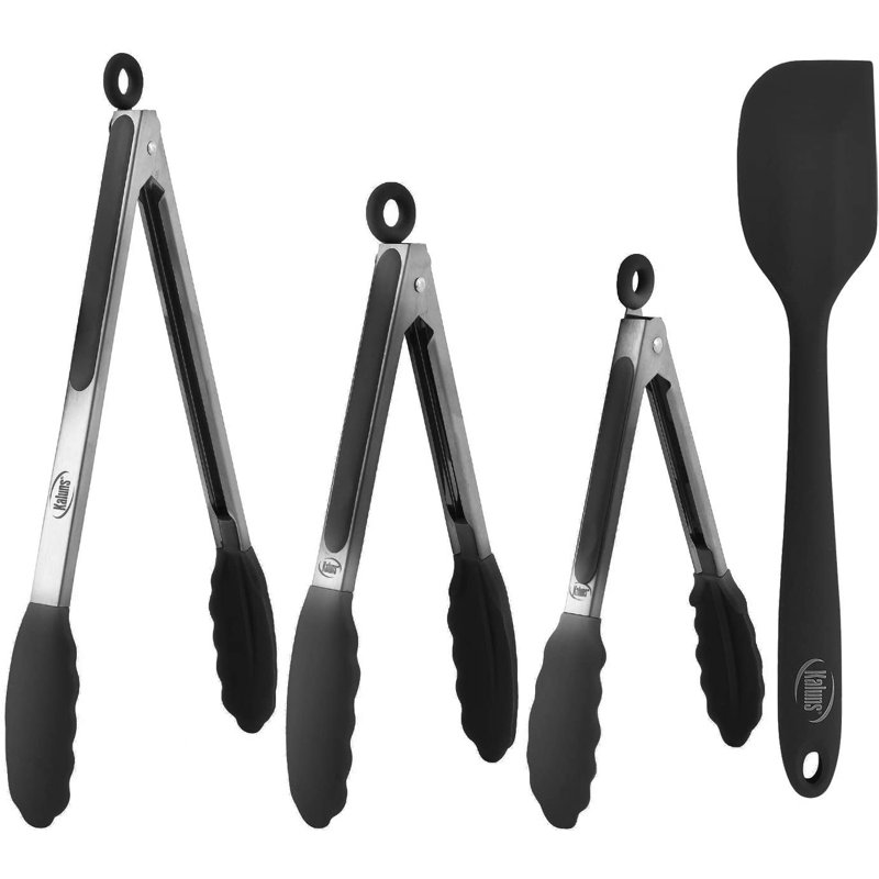 Kaluns Stainless Steel Kitchen Tongs Set of 4 with Silicone Tips, 7, 9 & 12 Inch Heat-Resistant Non-Stick BBQ & Cooking Tongs with Locking Handle and Silicone Spatula