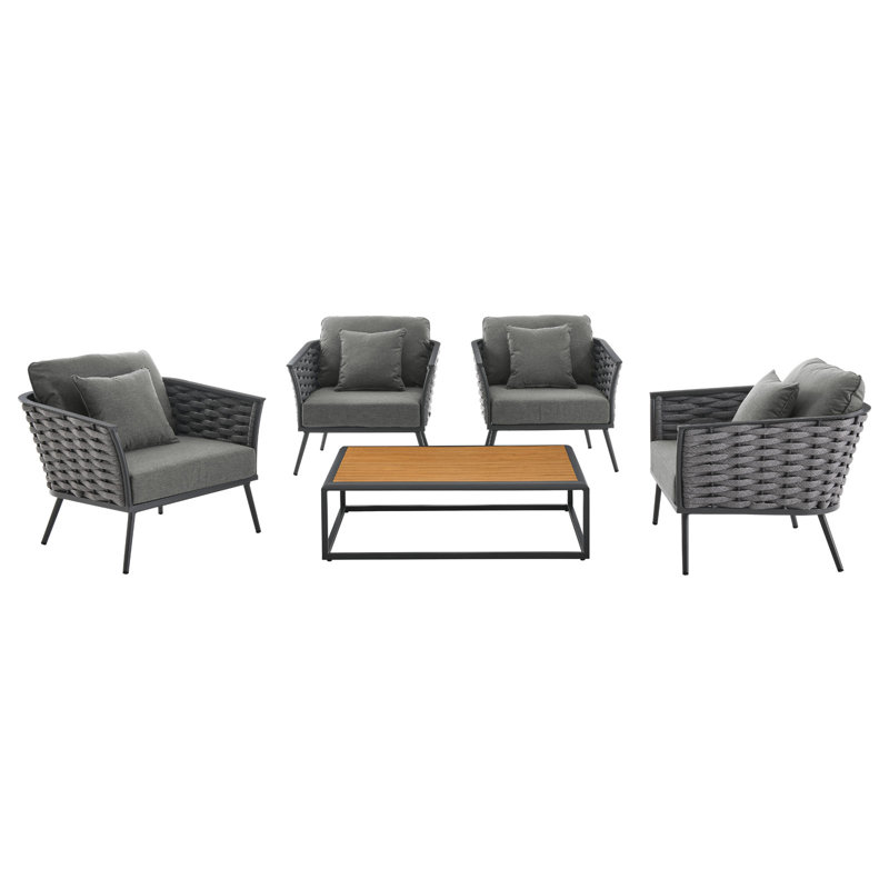 Modway Stance 5 Piece Outdoor Patio Aluminum Sectional Sofa Set, Charcoal, Gray
