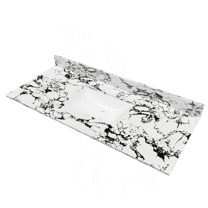 Plateau de meuble-lavabo 49 po x 22 po, avec lavabo et dosseret en céramique encastré, comptoir de meuble-lavabo en marbre artificiel avec 3 trous de robinet, blanc et noir New Carrara (seulement le comptoir de meuble-lavabo)