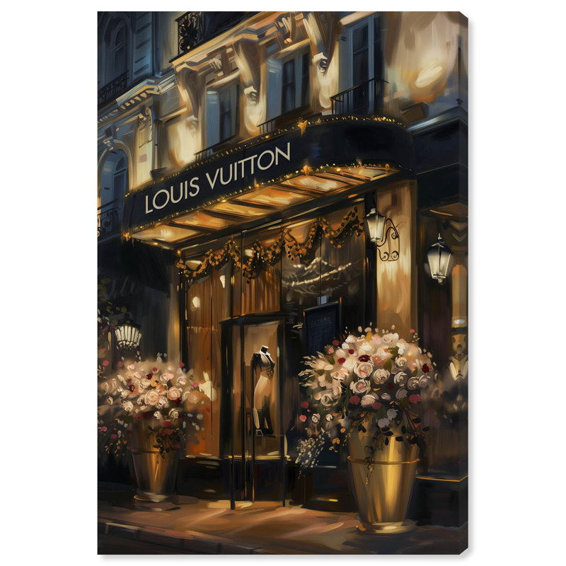 «Elegant Night Storefront» par Art Remedy, H 15 po x l 10 po, Toile tendue sur cadre, Ne s’applique pas