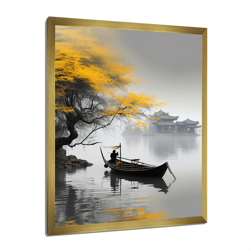 Art asiatique, bateau jaune, monochrome, H 32 po x l 24 po x P 1 po, Toile encadrée or simple