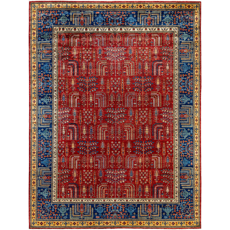 Tapis unique noué à la main rouge de 9 pi 0 po x 11 pi 9 po Dobbins