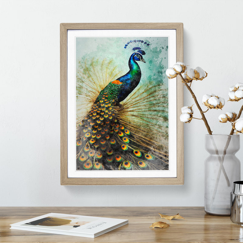 Peacock No.2 - Single Picture Frame Painting, 34cm H x 25cm W x 2cm D, Oak Framed