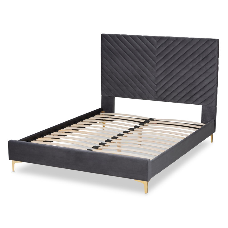 Gray Velvet Upholstered Queen Bed with Chevron Tufted Headboard