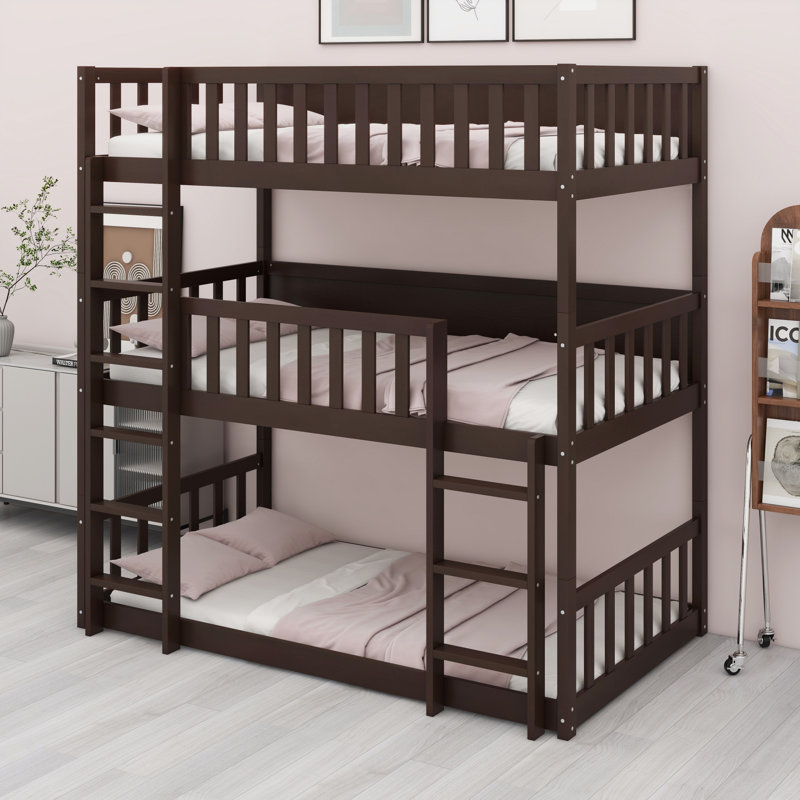 Triple Wood Bunk Bed, With Ladders, Guardrails Detachable Bunk Bed, Espresso
