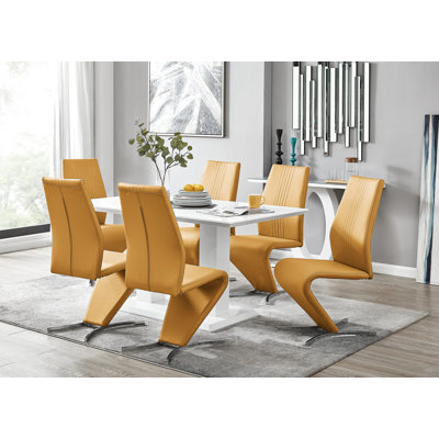 Eubanks High Gloss Double Pillar Dining Table Set with 6 Luxury Faux Leather Dining Chairs