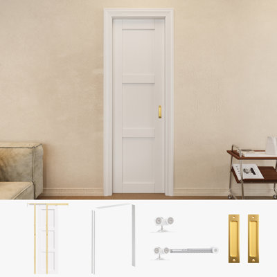Porte coulissante 3 pièces 24 "x 80" avec poignées dorées et cadre de porte blanc