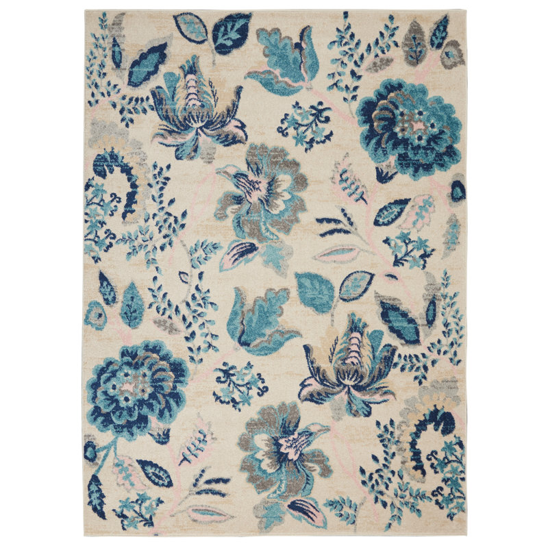 Tapis floral en polypropylène tissé à la machine ivoire / bleu, Rectangle 5 pi 3 po x 7 pi 3 po