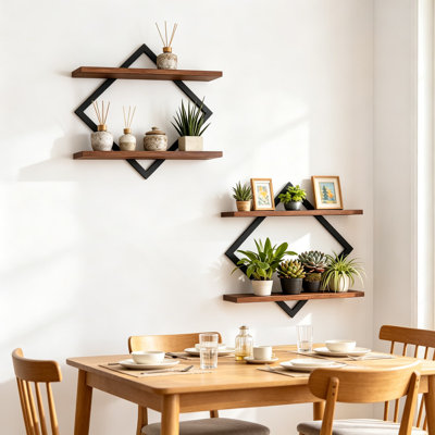 Ensemble de 2 tablettes murales flottantes pour plantes - Support à plantes mural en bois rustique et en métal pour la verdure intérieure, présentoir peu encombrant pour le salon, la chambre à coucher, la salle de bain ou le bureau
