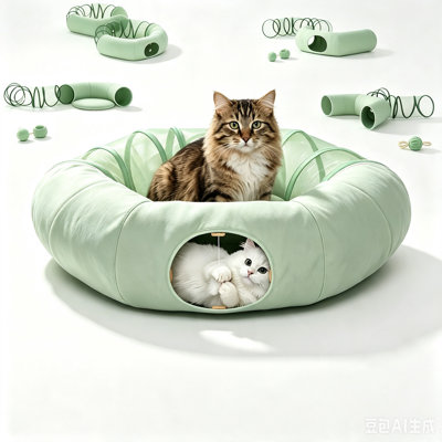 2-in-1 Cat Tunnel Bed Collapsible Cat Play Tube with Removable Mat