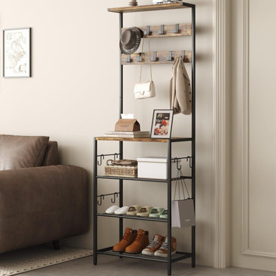 Freestanding Hall Tree Organizer With 5-Tier Shoe Storage And 9 Hooks For Coats
