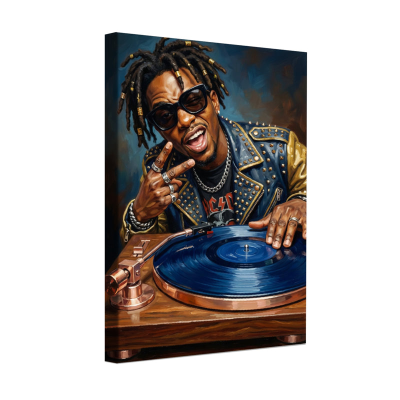 Abstrait dj avec tourne-disque et disque vinyle bleu, H 36 po x l 24 po