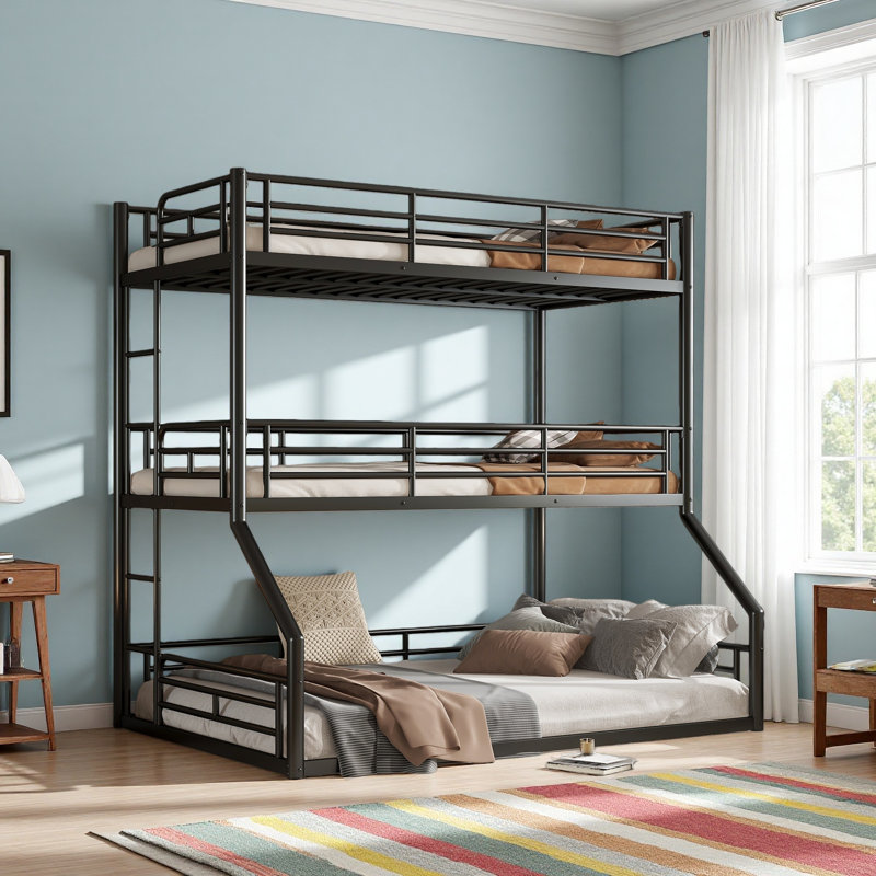 Twin Over Twin Over Full Bunk Bed, Metal Triple Bunk Bed With Safety Guardrails, Heavy-Duty Bunk Bed With Noise-Reduced Design