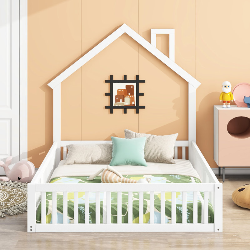 Lit double pleine grandeur avec garde-corps en bois - blanc, look élégant en forme de maison blanche et fonctionnel