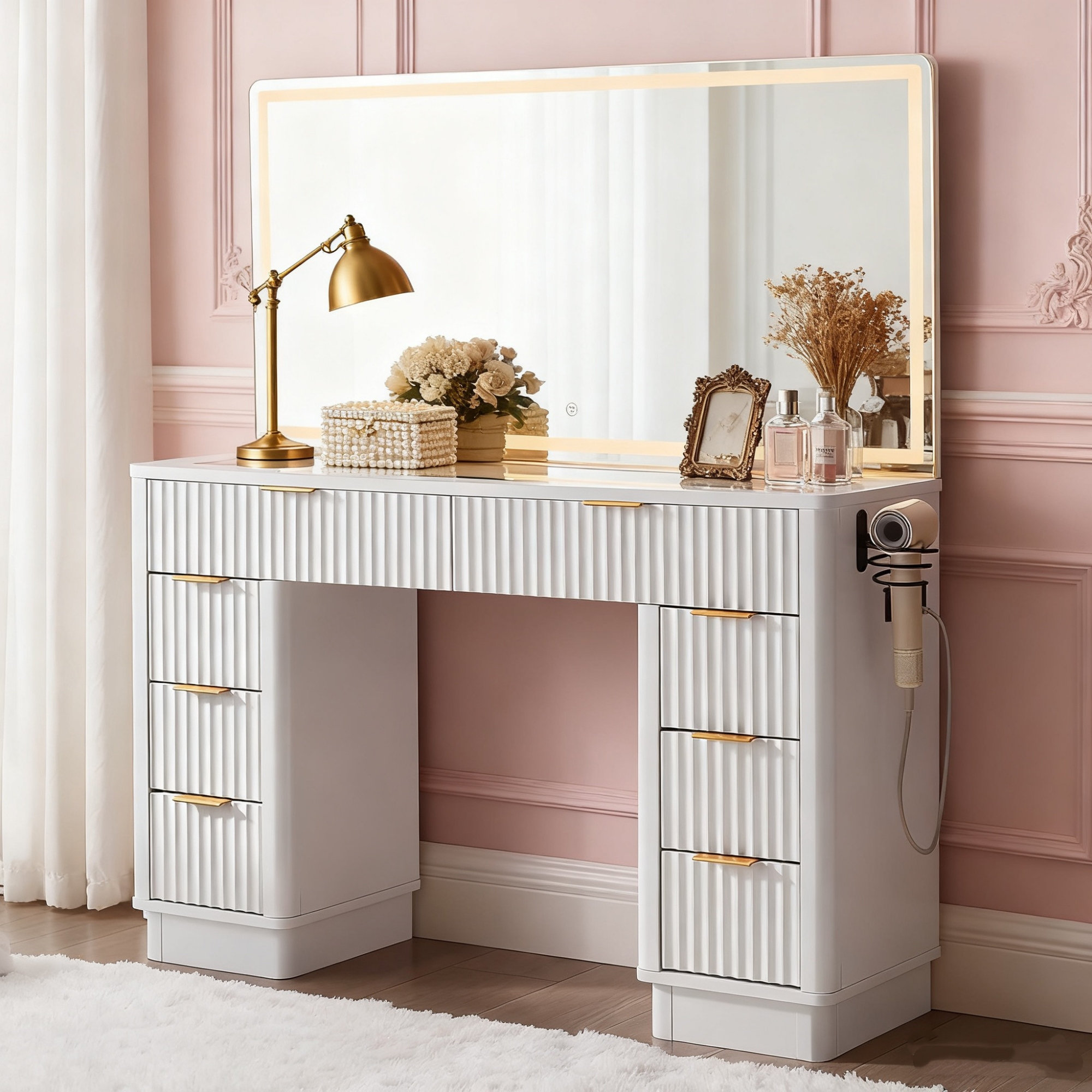 48-Inch Vanity with LED Lighted Mirror and 8 Drawers