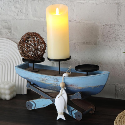 Nautical Boat Candlestick Holder, Handmade Coastal Beach‑Style Table Accent for Lake & Beach Home Decor