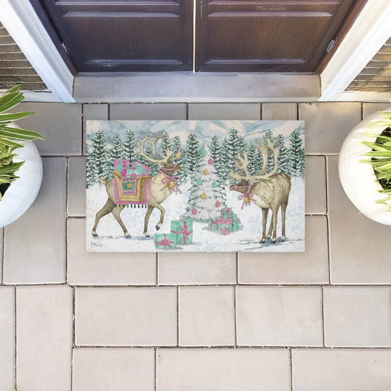 Tapis de porte d'extérieur imprimé Whimsy Holiday Reindeer, par Paul Brent, 18 po x 30 po