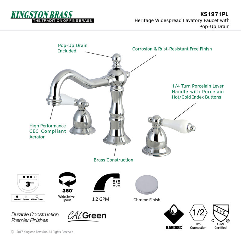 Kingston Brass Heritage Two-Handle 3-Hole Deck Mount Widespread Bathroom Faucet with Brass Pop-Up Drain, Polished Chrome