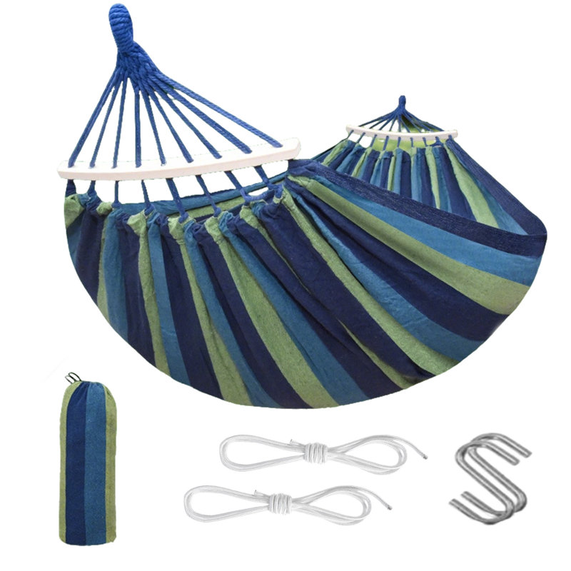 Très grand hamac en toile avec épandeur en bois, capacité de 500 livres, lit balançoire rayé bleu-vert avec cordes et sac pour l'extérieur et l'intérieur, vert gazon