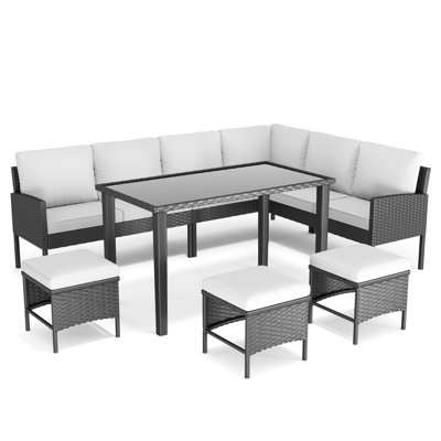 Small space patio furniture 7-piece outdoor furniture set, backyard furniture set, waterproof seat cushion, glass table, space saving, suitable for backyard, terrace or garden