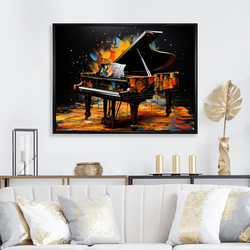 Orange graphite piano sérénade - Piano, art mural, Cadre flottant noir, H 34 po x l 44 po x P 1,5 po