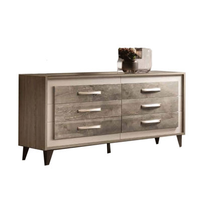 Modern Wood Dresser with Six Marble-Effect Drawers