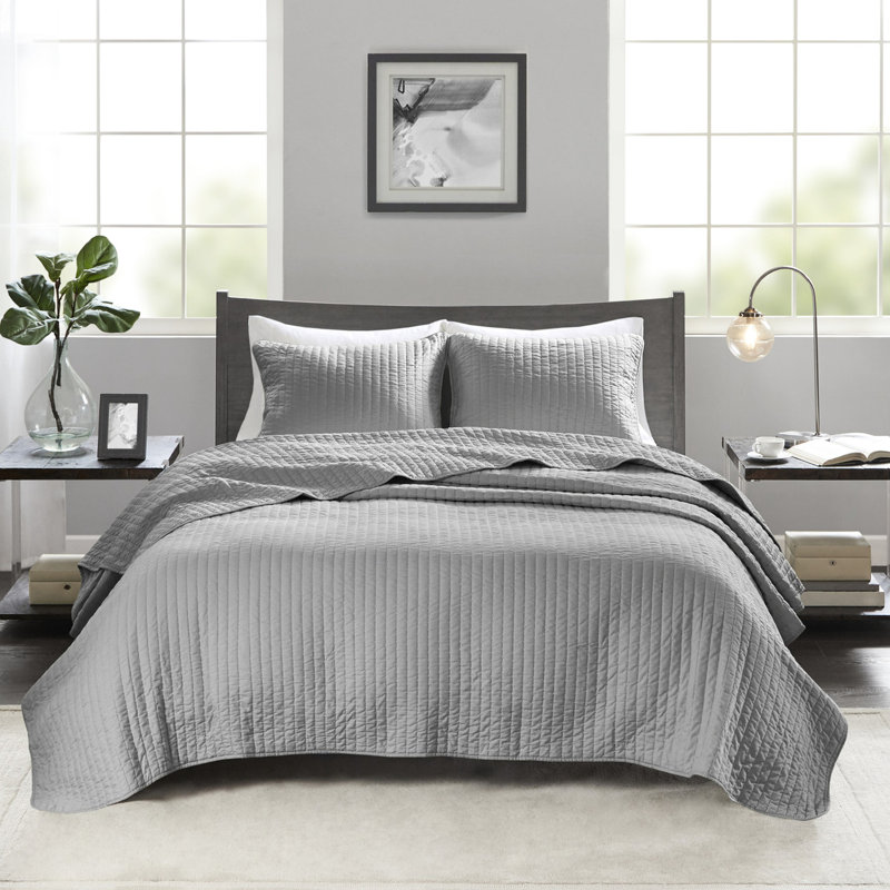 Courtepointe simple / simple TG en gris - 2 pièces, réversible avec rembourrage en coton, microfibre, ensemble de pièces pour réduire le taux de Cholestérols réversible, rembourré, augmente l'énergie