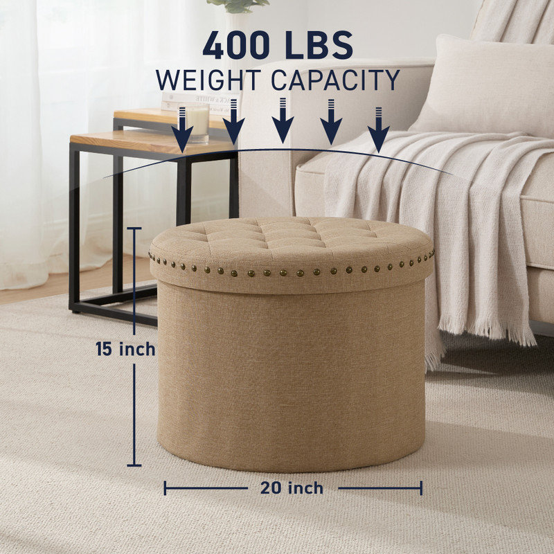 Grand repose-pieds de rangement pliable rond de 20 po avec garniture cloutée pour le salon et la chambre à coucher