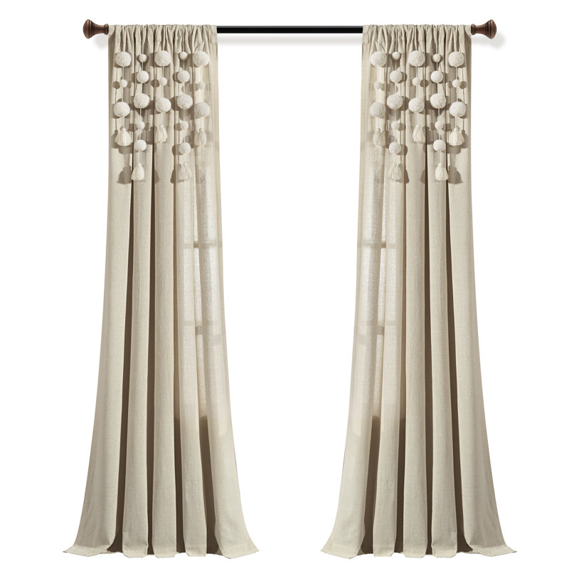 Boho Pom Pom Tassel Dark Linen Cotton Blend Window Curtain Panel