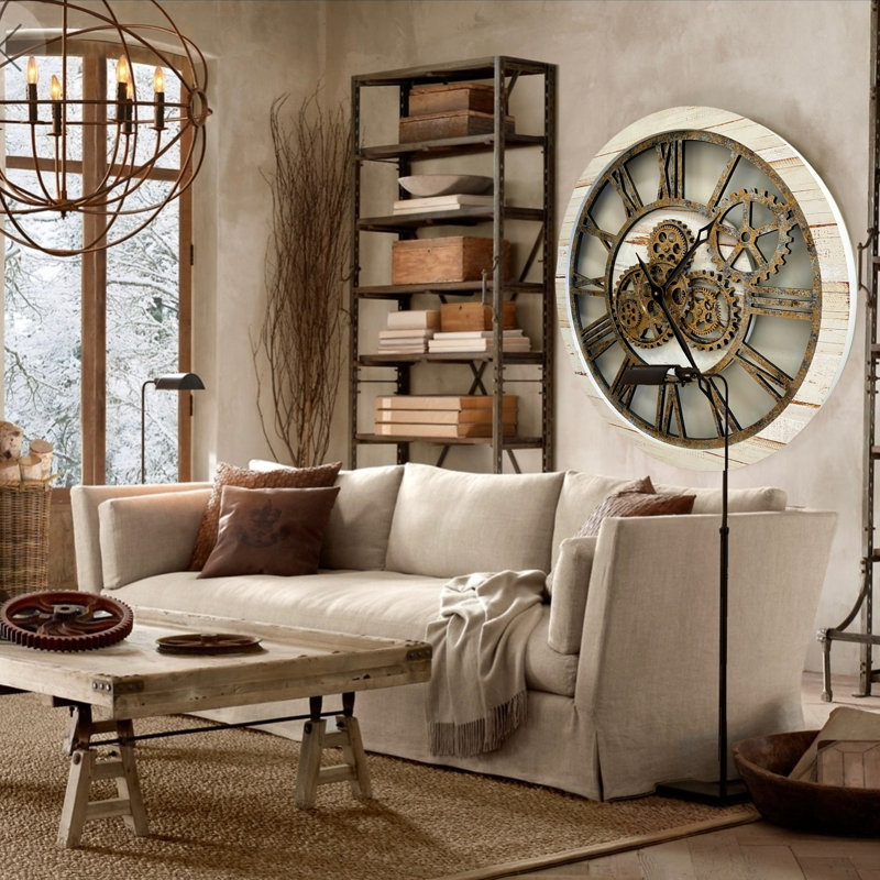 Oversized Desert Beige and Bronze Industrial Wall Clock with Real Moving Gears