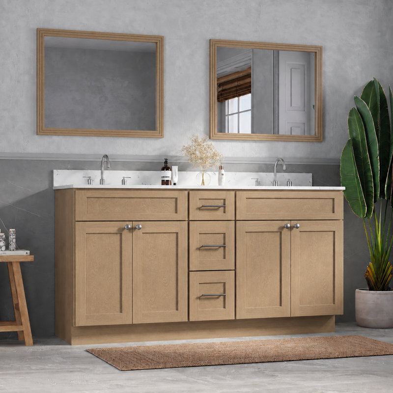 Meuble-lavabo double 72 po avec comptoir en quartz Carrara, Natural Oak