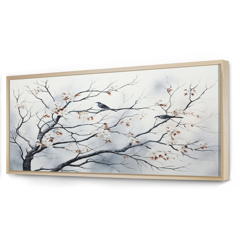 Gris floral Sprintime, oiseaux, art mural, Cadre flottant brun, H 28 po x l 60 po x P 1,5 po