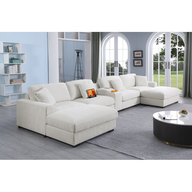 7 Piece Upholstered U-shape Sectional with Cup Holders & Charging & Storage, White Polyester