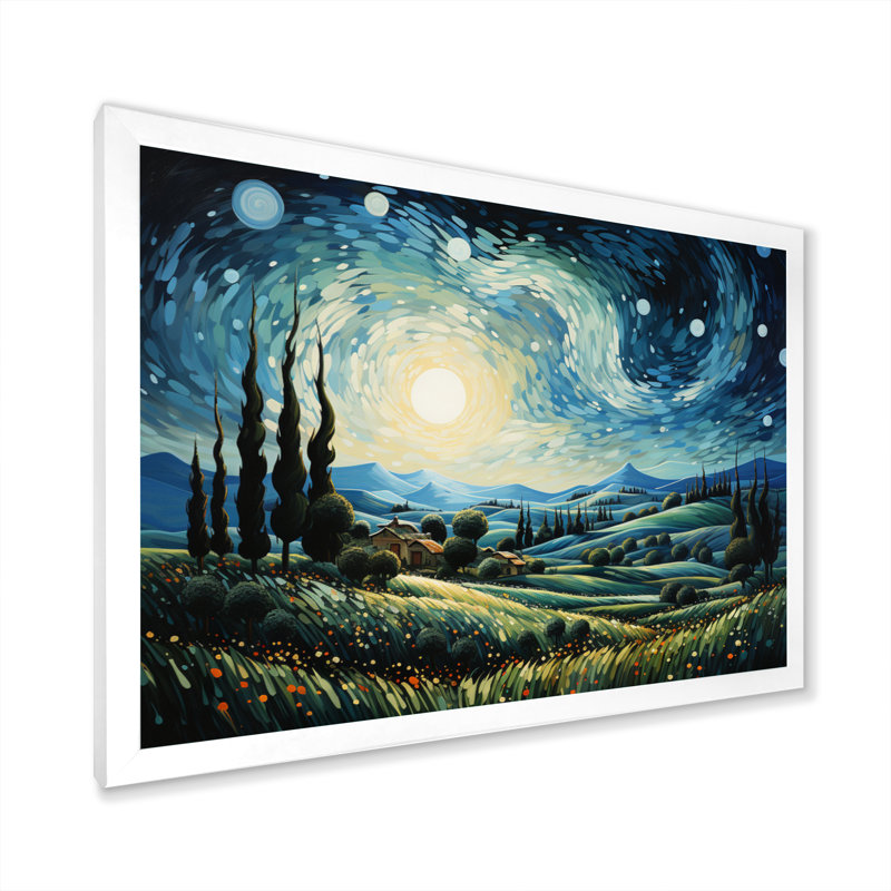 «Vangogh The Swaying Cypress I», art mural Vangogh par Vincent Van Gogh, peinture, H 24 po x l 32 po x P 1 po, Cadre blanc