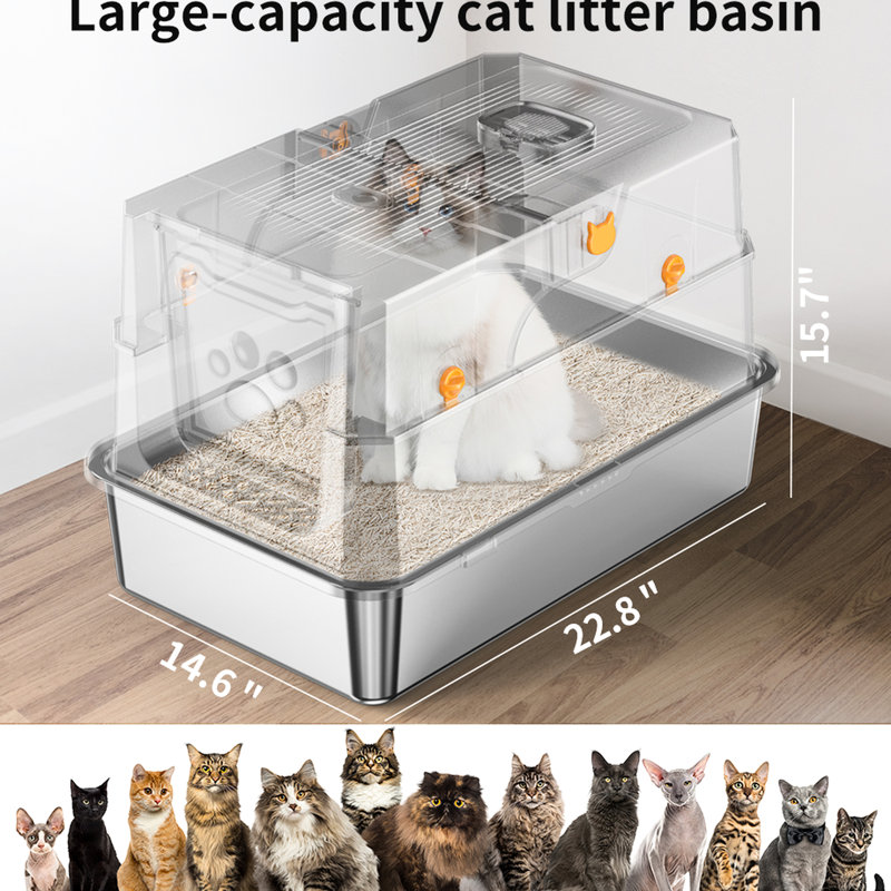 Bac à litière pour chat, acier inoxydable, odeur, haut, avec crochet de rangement, isolation en acier lavable, suspension