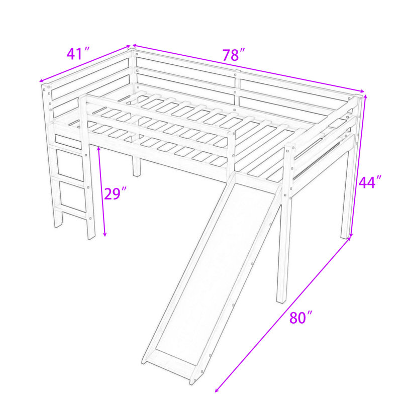 Twin Wood Low Loft Bed With Slide And Ladder, Gray
