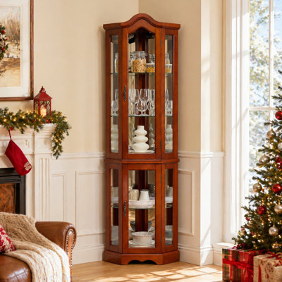 70.5" Arched Corner Curio Cabinet, Wooden China Cabinet With Adjustable Glass Shelves, Glass Display Cabinet For Living Room, Kitchen (E26 Bulb Not Inclued)